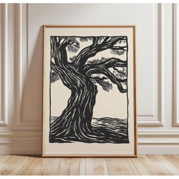 Black Tree Poster Minimal Nature Wall Art Woodcut Style Print Botanical Line Artwork Moder