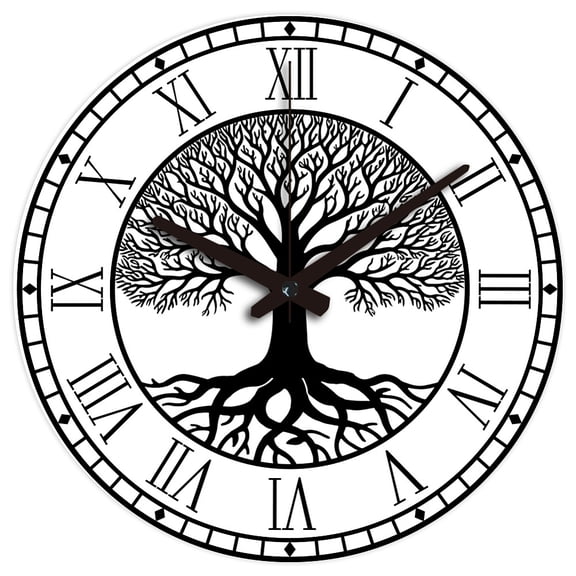 Black Tree of Life Pattern Wall Clock 12 Inch Non-Ticking Roman Text Clocks Round Wall Hanging Clock Battery Operated