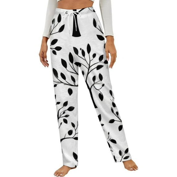 Black Trees White Background Seamless Pattern Winter Female Pants Flannel High Waist Women Pants Lady Warm Straight Leg Plush Trousers