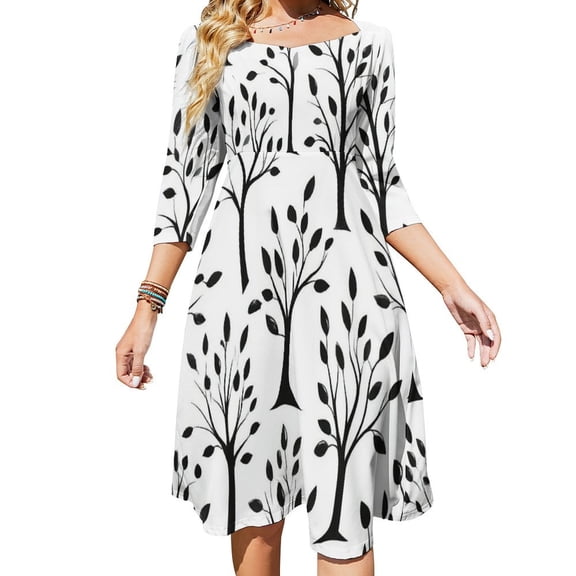 Black Trees White Background Seamless Pattern Women's 3/4 Sleeve Dresses Elegant A-Line Midi Dress Flare Summer Casual Sundress