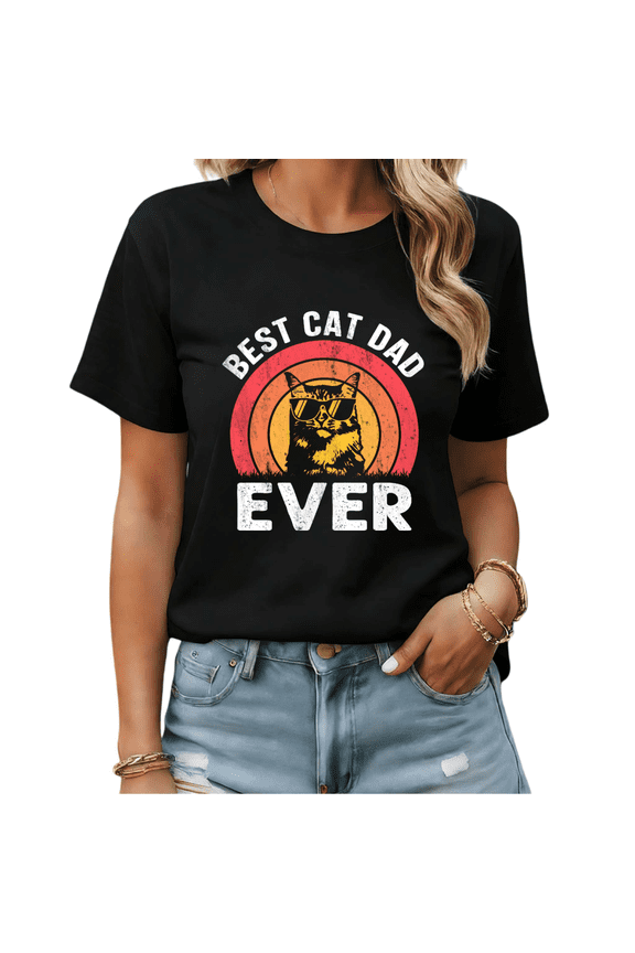 Black Trendy Cat Dad Graphic Print Tshirt Graphic Tees Casual Shirts S-5XL Tops