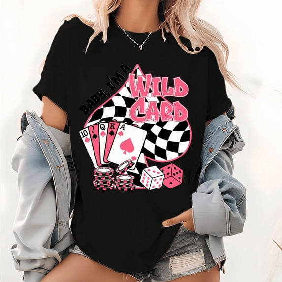 Black Trendy Checkered Wild Card Graphic Tees Print Tshirt Womans S-5XL Shirts Fashion Tops