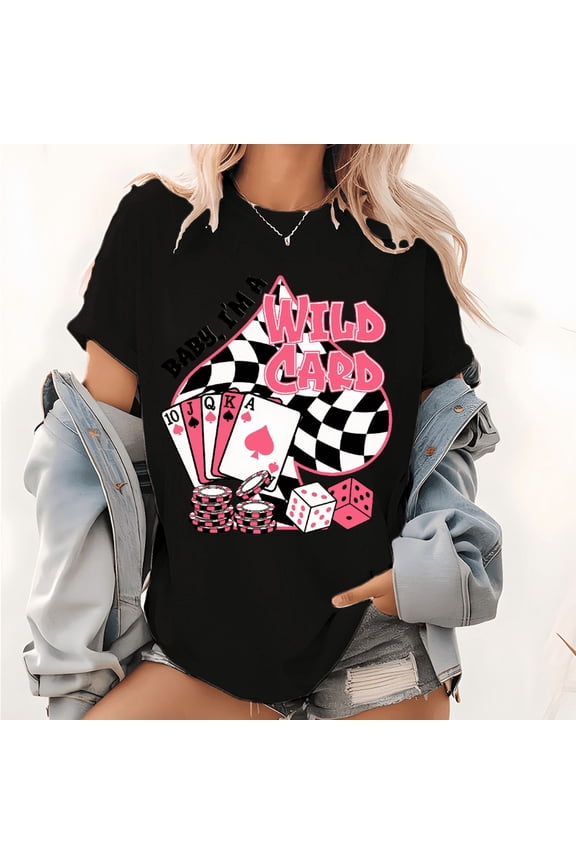 Black Trendy Checkered Wild Card Graphic Tees Print Tshirt Womans S-5XL Shirts Fashion Tops