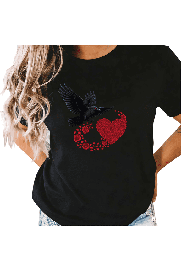 Black Trendy Gothic Academia Crow Rose T-Shirt Graphic Tees Shirts Dark Romance Streetwear Modern S-5XL Mystical Tops