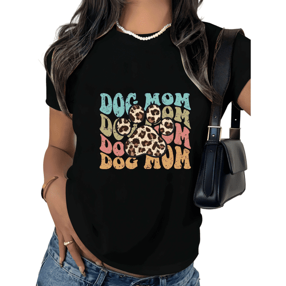 Black Trendy Stacked Dog Mom Leopard Paw Print Tshirt Graphic Tees Shirts Dog Mom Gift S-5XL Tops