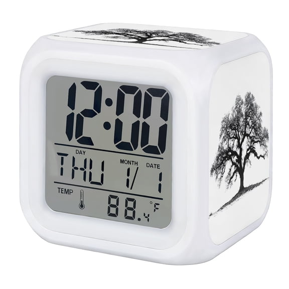 Black Trere Digital Alarm Clock for Bedrooms, Smart LED Alarm Clock with 7 Color Changing Night Light, Solitary Minimal Wide Branches Silent Wake Up Clocks for Sleep Study Cooking 3.2"x3.2"
