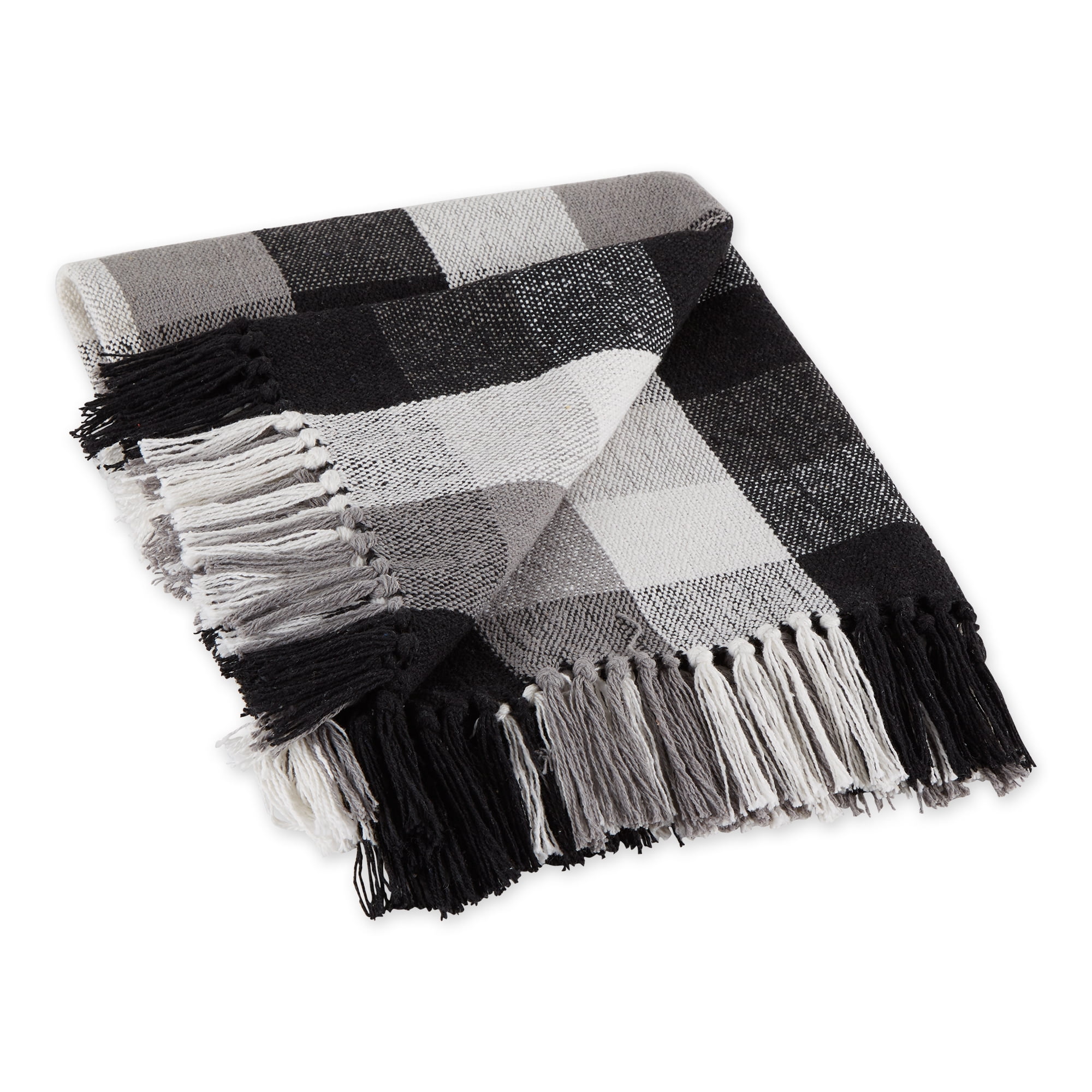 Black and Gray Cotton Checkered Throw Blanket with Fringe