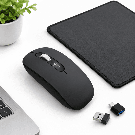 Black Tri-Mode Wireless USB-C Computer Mouse with Stitched-Edge Mouse Pad