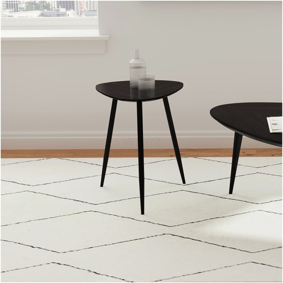 Black Triangle End Table, Solid Mango Wood Nightstand with Kidney Shape Top and Black Finish for Living Room, Bedroom