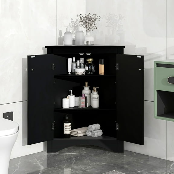 Black Triangle Storage Cabinet With Adjustable Shelves, Fits In Narrow Spaces Bathroom Enhances Your Space