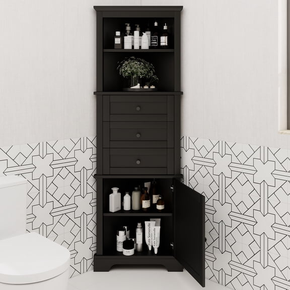 Black Triangle Tall Cabinet with 3 Drawers and Adjustable Shelves for Bathroom, Kitchen or Living Room, MDF Board with Painted Finish