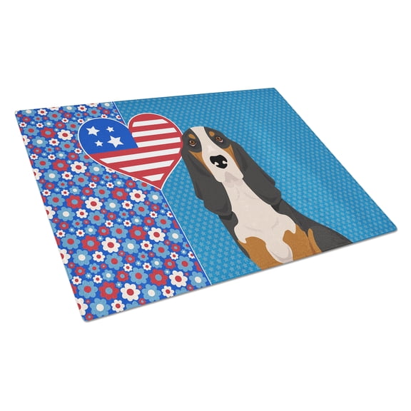 Black Tricolor Basset Hound Glass Cutting Board Large 12 in x 15 in