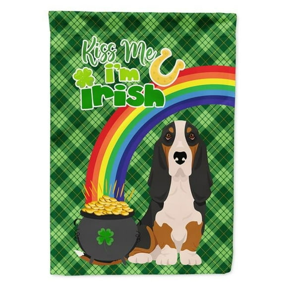 Black Tricolor Basset Hound St. Patrick's Day Flag Garden Size