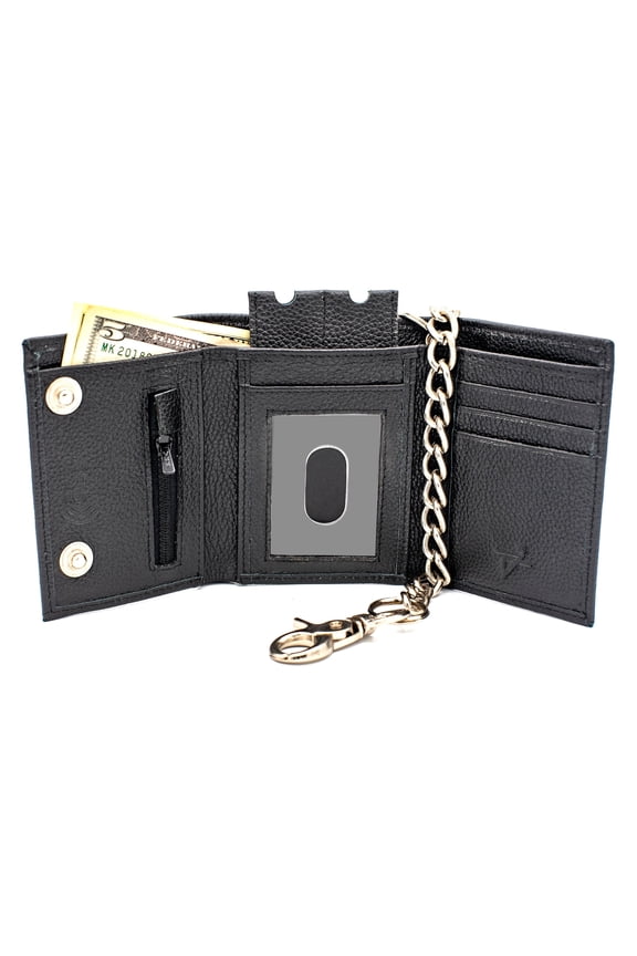Trifold Chain Wallet for Men RFID Blocking Leather Wallet Black Snaps Closer Zip Pouch