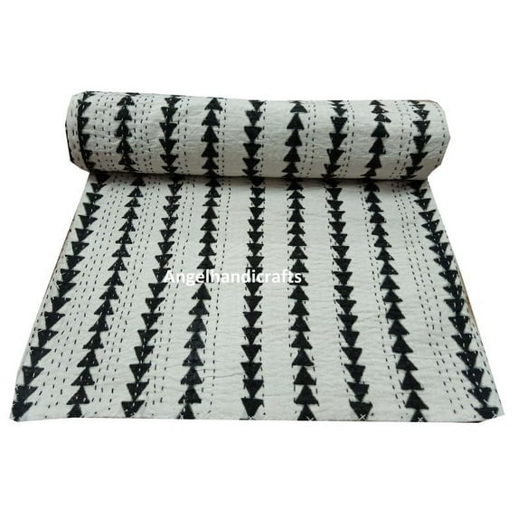 Black Tringle Hand Block Print Kantha Quilt Cotton Bedcover Indian Bedding Coverlet Reversible Throw Vintage Kantha Quilt Modern Blanket