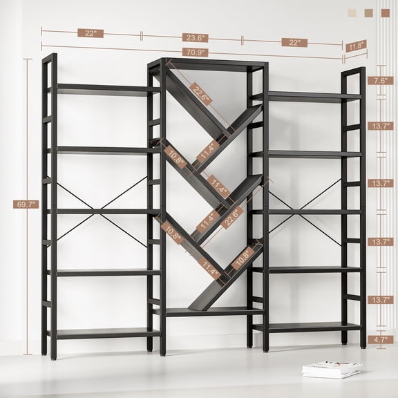 Black Triple 5-Tier Geometric Bookshelf With 17 Open Shelves, 70.9W x
