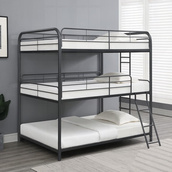 Furniture Triple Bunk Bed in Black, FULL/FULL/FULL, Spacious & Stable