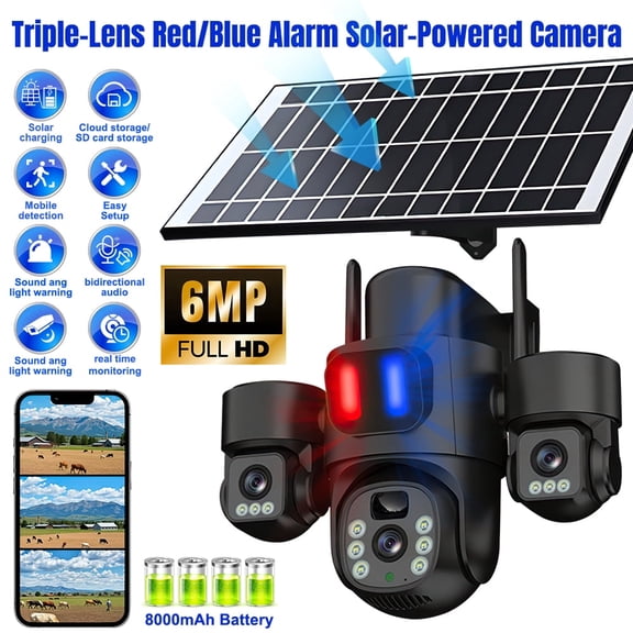Black Triple Lens Solar Security Camera, 6MP 3Screen Outdoor, Red & Blue Alarm Light, IP66 Waterproof, 8000mAh Solar Rechargeable Battery