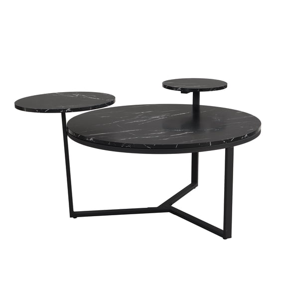Black Tripod Coffee Table Faux Marble Top Two Display Shelves