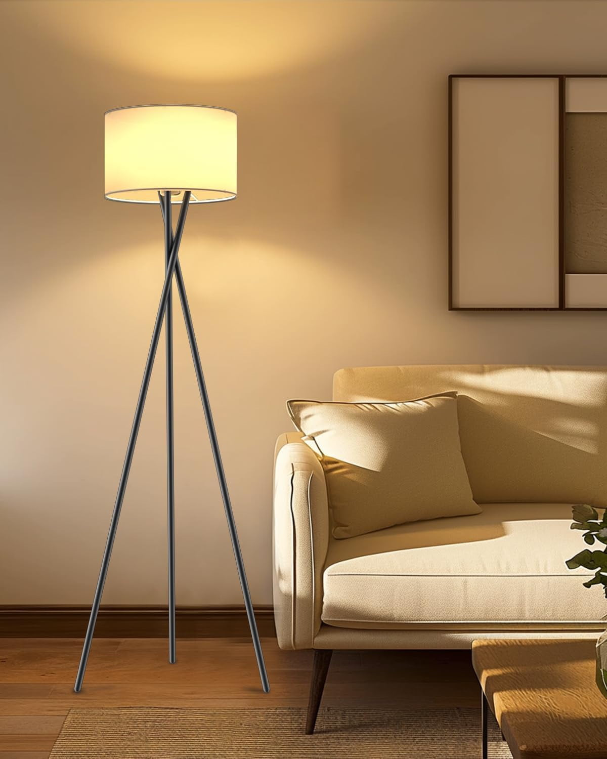 66-Inch Black Metal Tripod Floor Lamp with Burlap Shade