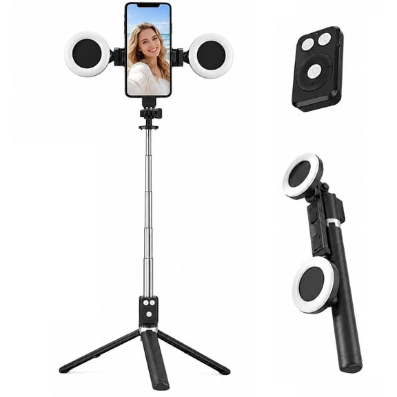 Black Tripod for iPhone with Light, Ring Light Holder for iPhone, Adjustable Selfie Stick Stand with Fill Light, Live Streaming, and Photography