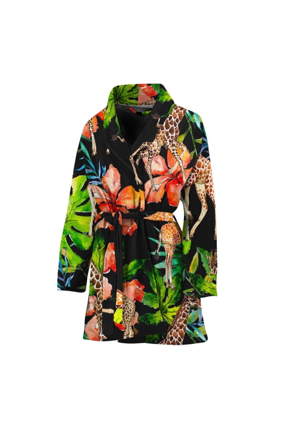 Black Tropical Giraffe Pattern Women Bathrobe One Size Univeral Fits, Aloha Tropical Hawaiian Fashion Lightweight Plush Fleece Long Robe For Women