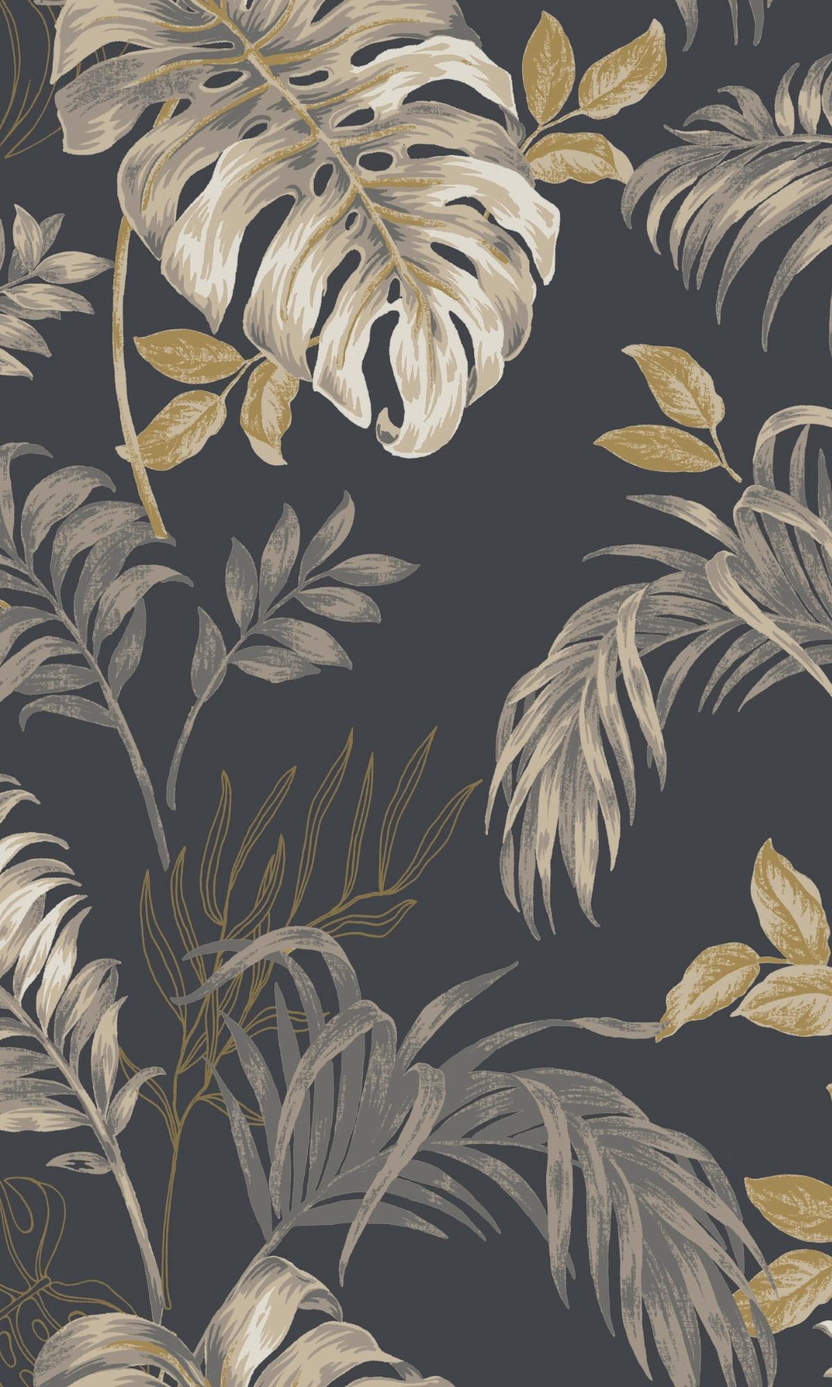 Black Tropical Leaves Botanical Printed Non Woven Non-Pasted Textured Wallpaper 57 Sq. Ft.