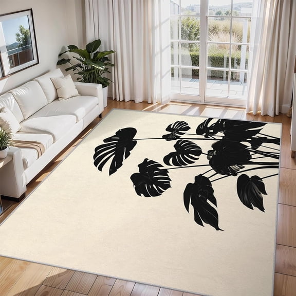 Black Tropical Monstera Area Rug, Botanical Leaf Design Indoor Carpet, Washable Non Slip Low Pile Soft Thin Rug for Living Room Bedroom Home Decor Mat 2x3ft