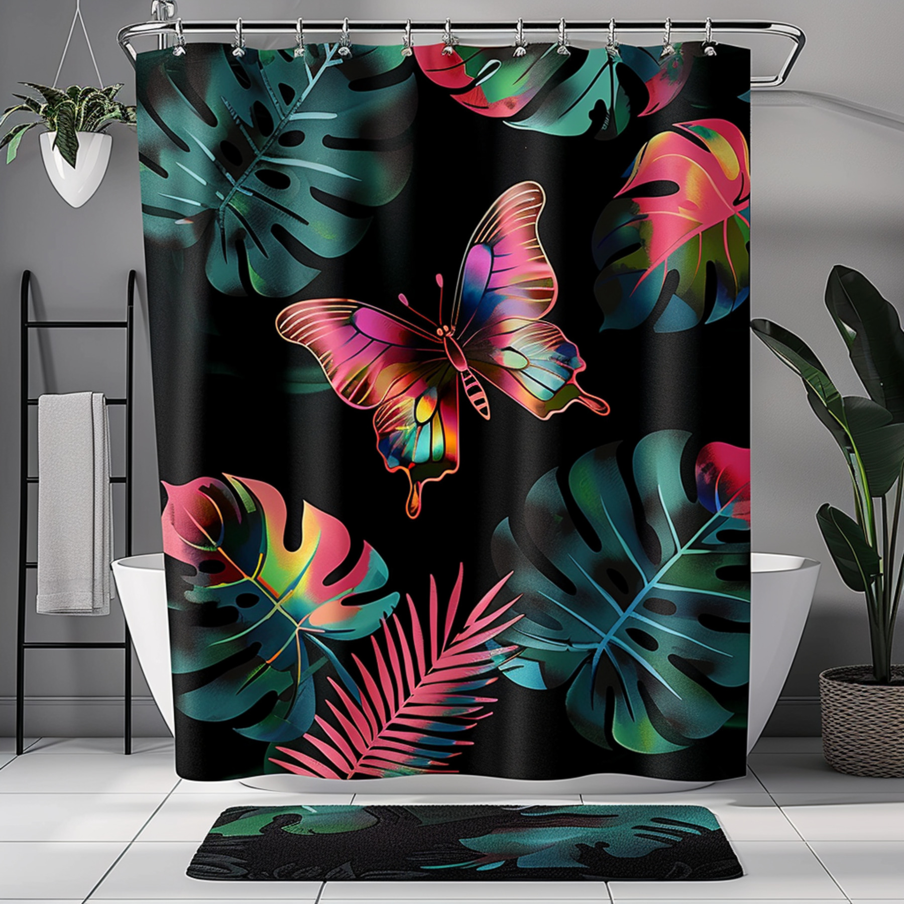 Black Tropical Rainforest Butterfly Bathroom Set with Colorful Leaf ...