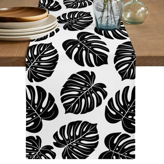 Black Tropical Summer Short Table Runner 36 Inches Long,Monstera Leaves Botanical Jungle Cotton Linen Table Runners Dresser Scarves,Fabric Tabletop Scarf Furniture Cover for Home Dinner Party 13"x36"