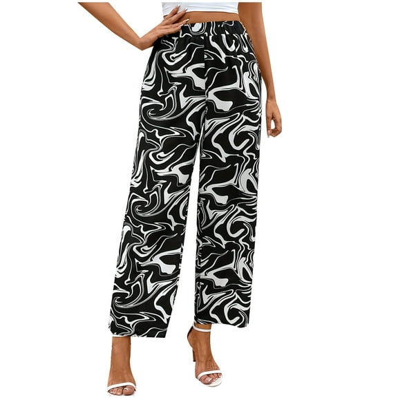 Black Womens Beach Lounge Trousers Pants for Women Marble Print Loose Fit Hawaiian High Cut Tropical Straight Leg Long Leg Fall Summer 2025 Clothes XXL