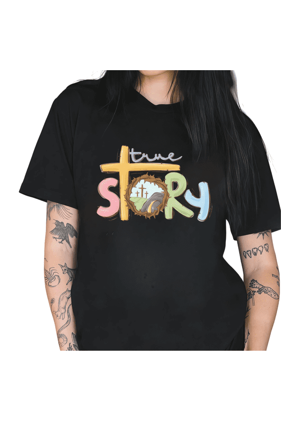 Black True Story Cross Crown Of Thorns Empty Tomb Graphic Tees Print Tshirt Shirts Christian Easter Religious Casual Tops For Women S-5XL