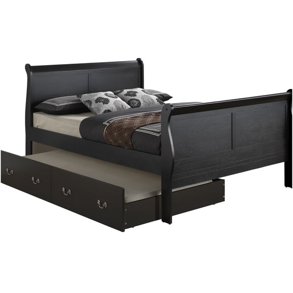 Black Trundle Bed Frame with Storage Drawers, Space Saving Platform Bed with Pull Out Guest Bed, Sturdy Bedroom Furniture