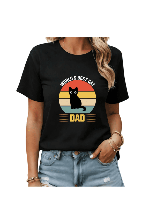 Black Tshirt Graphic Tees Shirts Worlds Best Cat Dad Gift Idea S-5XL Tops