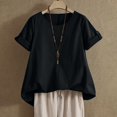 thumbnail image 1 of Black Tshirts for Women Summer Tops for Women 2025 Trendy Short Sleeve Cotton Linen Shirt Casual Button O Neck Tunic Blouses Outfits Going Out Tops for Women, 1 of 6