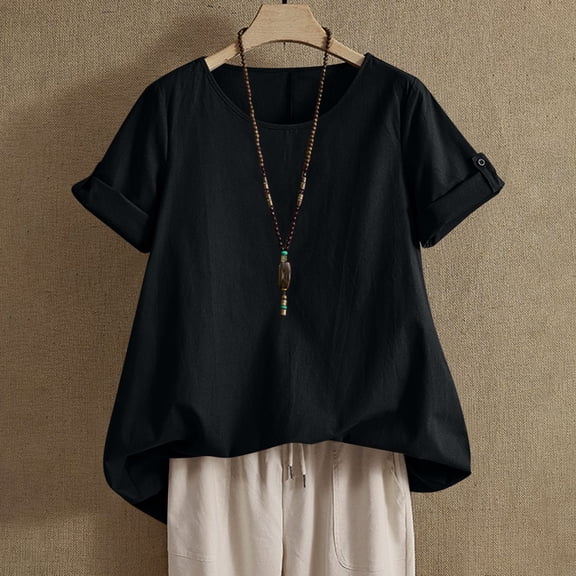 Black Tshirts for Women Summer Tops for Women 2025 Trendy Short Sleeve Cotton Linen Shirt Casual Button O Neck Tunic Blouses Outfits Going Out Tops for Women