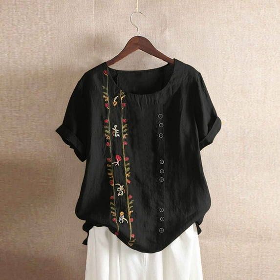 Black Tshirts for Women Blouse Size Shirt Floral Women Plus Top Sleeves Embroidered Short Plus Size Tops Womens Short Sleeve Tops