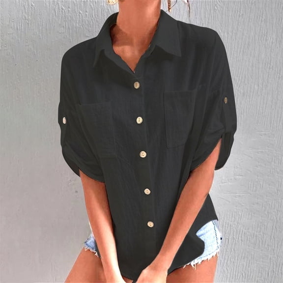 Black Tshirts for Women Ladies' Fashionable Casual Cotton and Linen Solid Color Button Pocket Fashionable Shirt Top Summer Tops