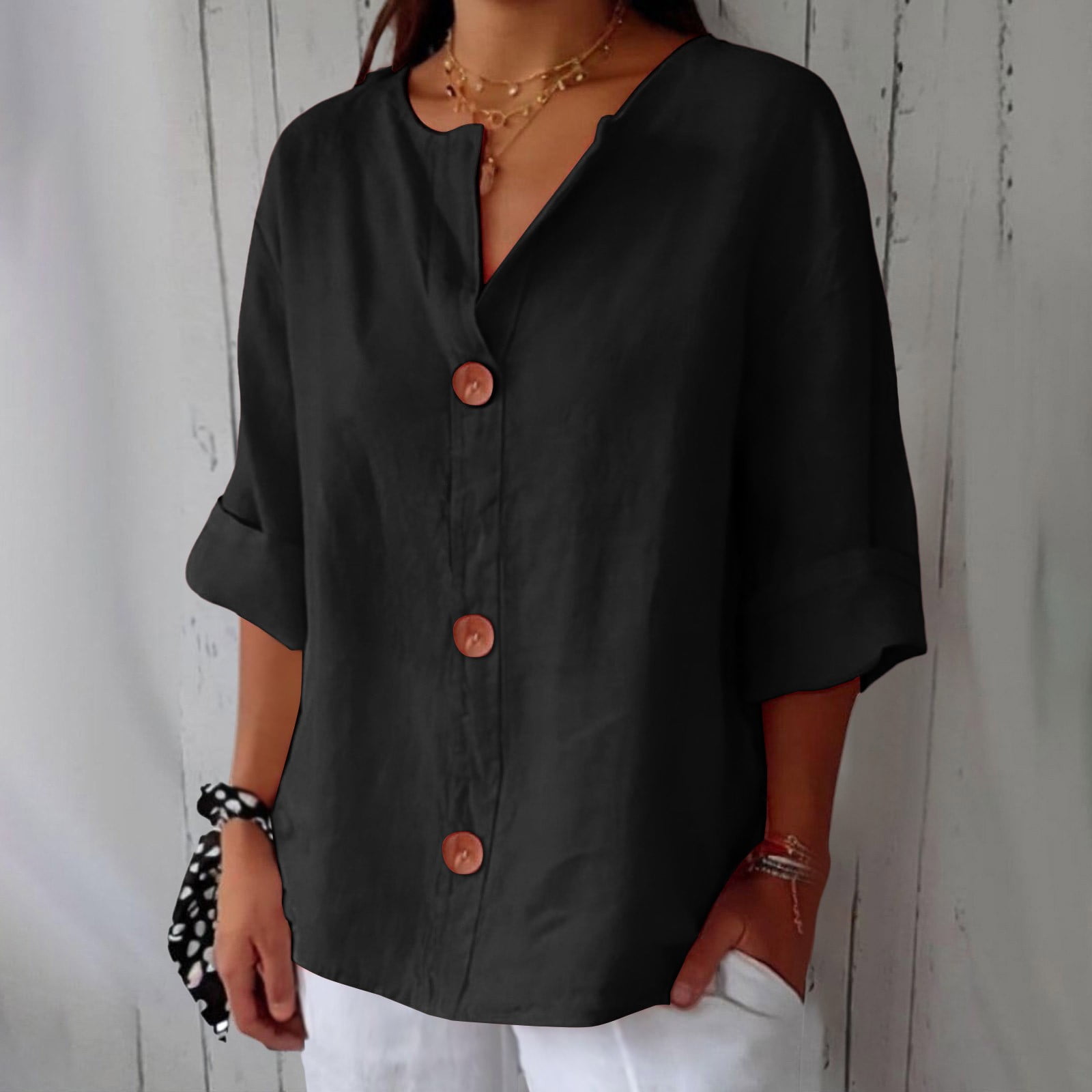Black Tshirts for Women Linen Shirts for Women Summer Cotton Linen V ...