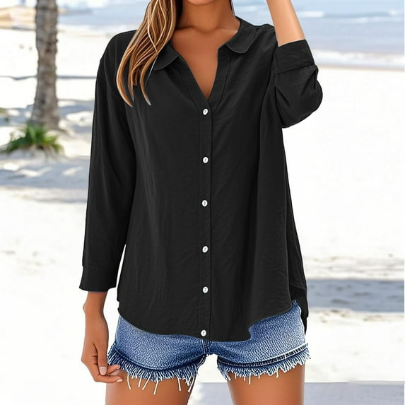 Black Tshirts for Women Loose Shirt Top Stand Solid Color Long Sleeve Lapel Collar Casual Women's Shirt Women's Shirt Summer Tops