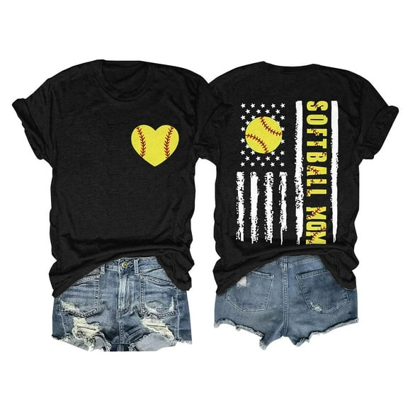 Black Tshirts for Women's SOFTBALL MOM Baseball Print Loose T Shirt Short Sleeve Top Womens Short Sleeve Tops