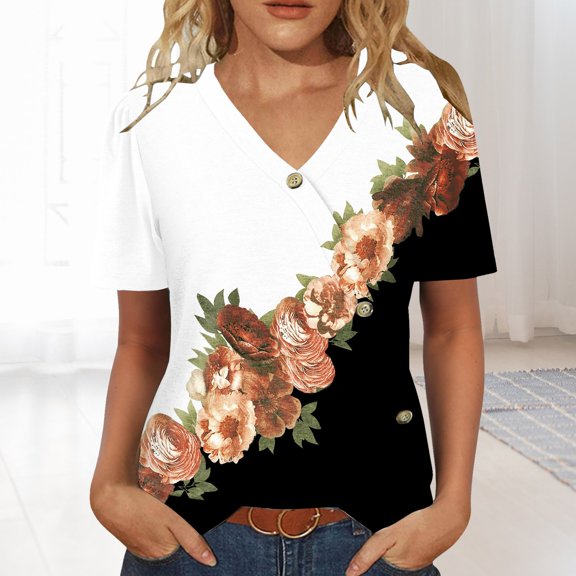 Black Tshirts for Womens Tops Casual Short Sleeve V Neck Shirts Puff Sleeve Tshirts Loose Casual Blouse Summer Tee Summer Tops