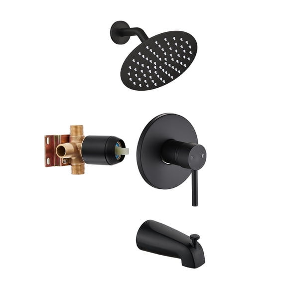 Black Tub Shower Faucet Set Complete with 6-Inch Rainfall Shower Head and Tub Spout Included Shower Valve Tub Shower Trim Kit Round Matte Black
