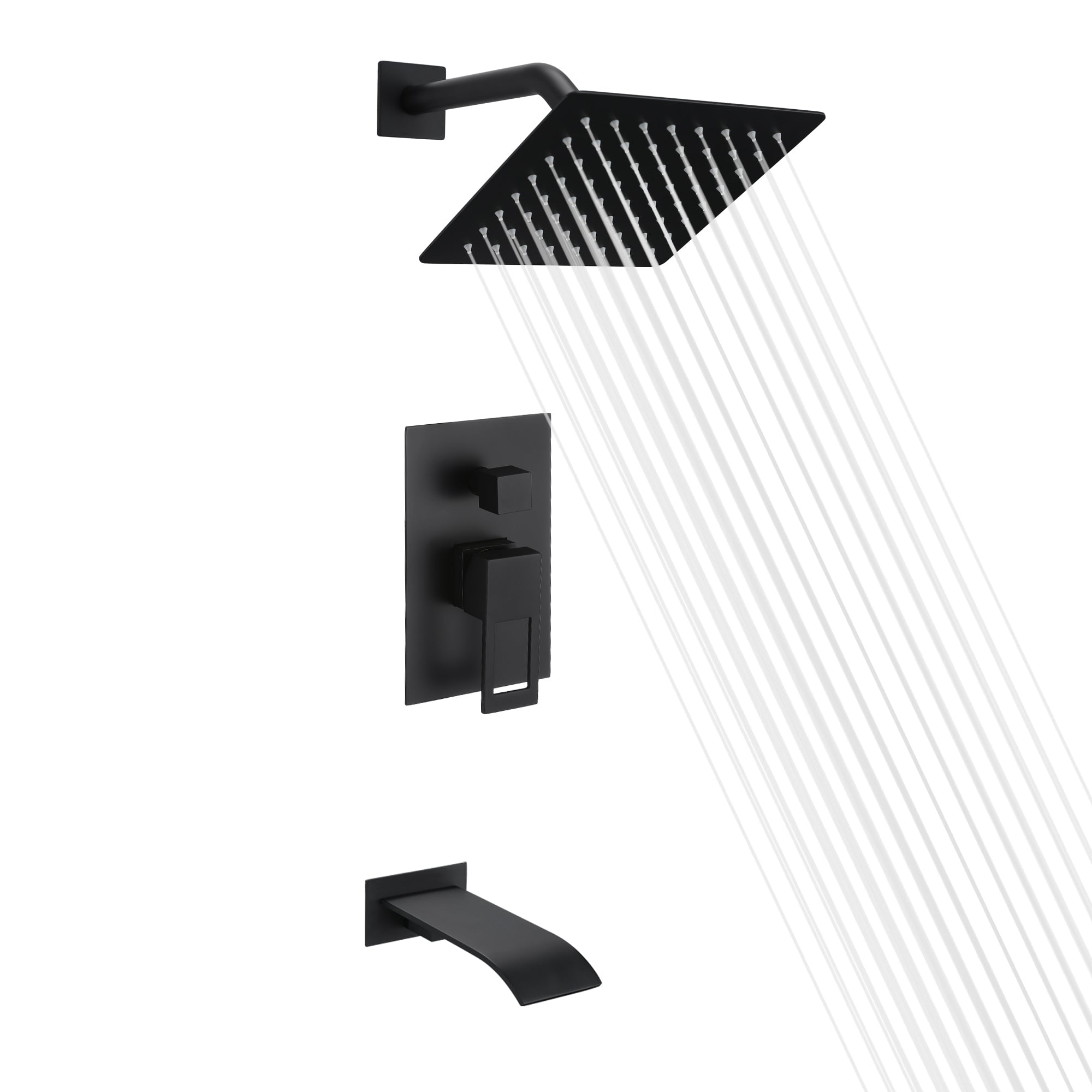 Black Tub and Shower Faucet Set with Waterfall Tub Spout and Anti-scalding Valve