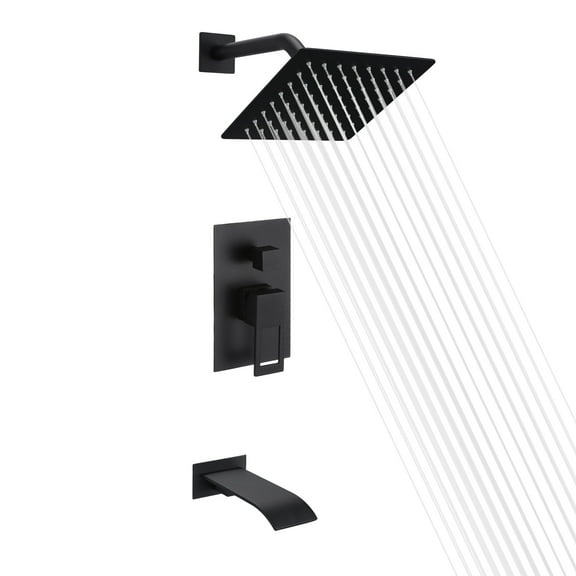 Black Tub and Shower Faucet Set with Waterfall Tub Spout and Anti-scalding Valve