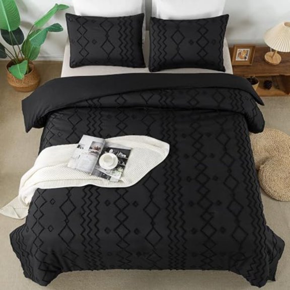 Black Tufted Comforter Set King 104x90Inch 3 Pieces(1 Tufts Comforter 2 Pillowcases) Boho Textured Farmhouse Bed Set Microfiber Down Alternative Geometric Bedding