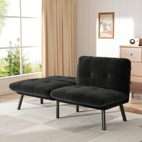 Black Tufted Futon Sleeper Sofa With Adjustable Backrest Mid-Century Modern Design