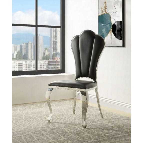 Black Tufted Side Dining Chairs - 2-Pack with Stainless-Steel Frame