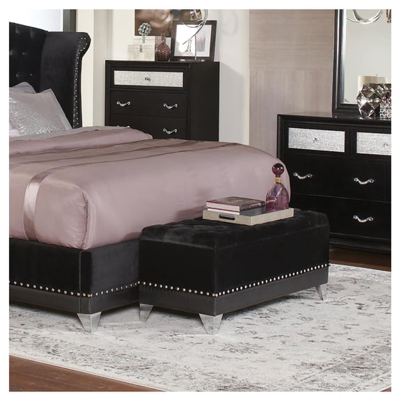Black Tufted Trunk with Nailhead Trim Black + Bathroom + Black + Velvet + Traditional + Internal Storage + Foam + Upholstered