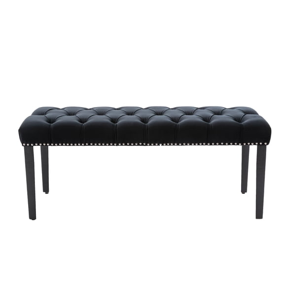 Black Tufted Velvet Upholstered Bench Ottoman Rubber Wood Legs 45.28 Inch